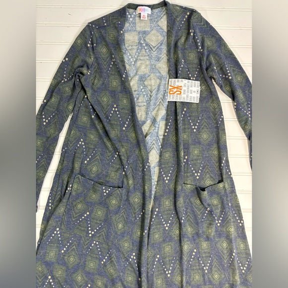 LuLaRoe Sarah Cardigan Duster Sweater Women’s Size XS Blue Green Cream - Picture 7 of 16